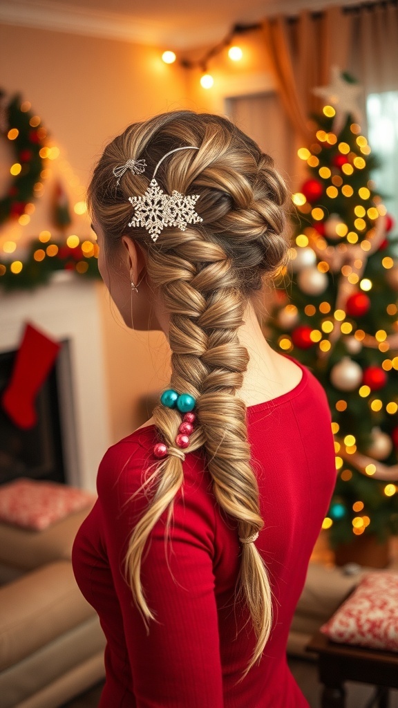 Elegant twisted hairstyle for Christmas, featuring braids and festive accessories in a cozy holiday setting.